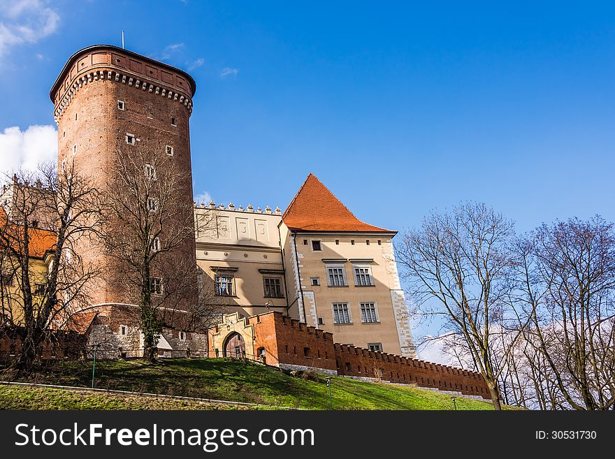 Wawel Royal Castle in Krakow, Poland, main landmark of the city. Constructed over many centuries with different archirectural styles, remains one of the most recognizable symbols of Polish statehood and history.