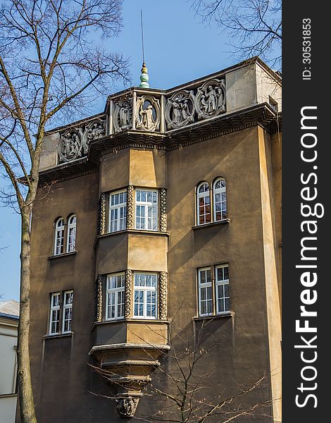 Fragment of the facade of St.Joseph's Seminary of Sosnowiec Diocese, in Krakow, Poland. Fragment of the facade of St.Joseph's Seminary of Sosnowiec Diocese, in Krakow, Poland.