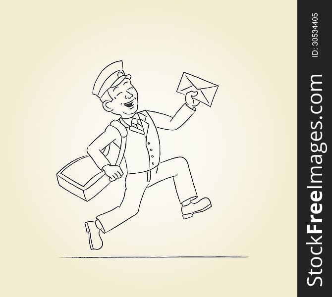 A postman with a bag and a letter. Sketch illustration. A postman with a bag and a letter. Sketch illustration.