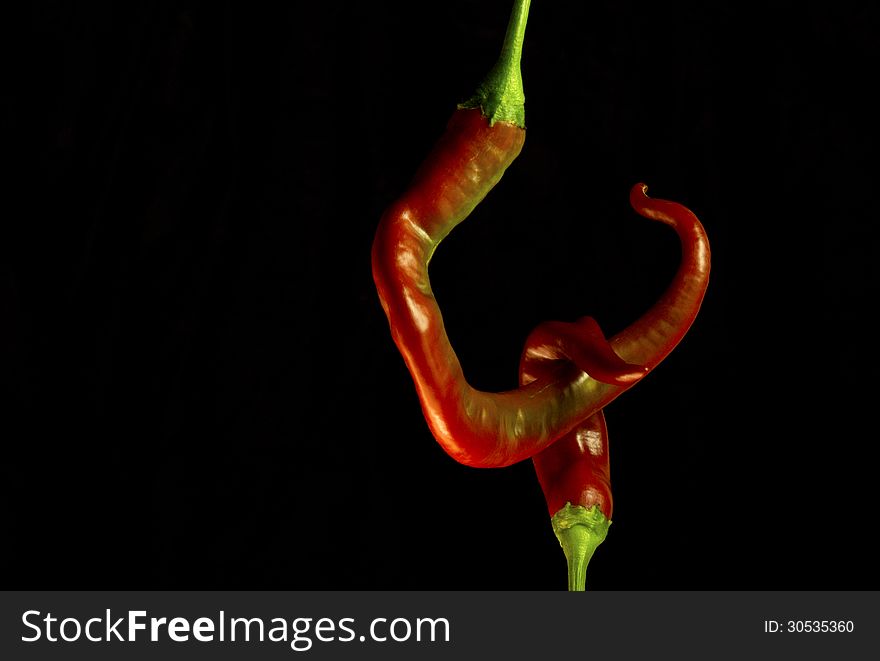New conceptual image with two peppers on black background