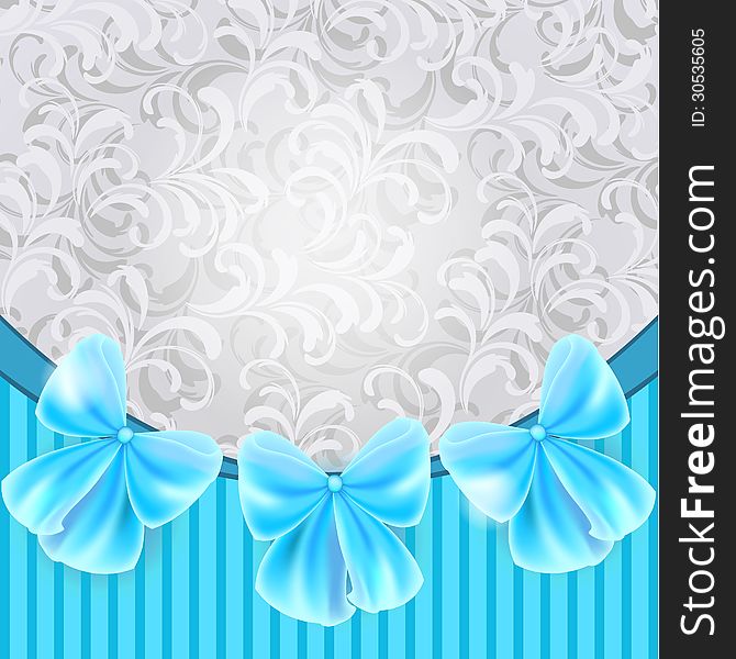 Silver gray and blue ornate background with blue bows. Silver gray and blue ornate background with blue bows