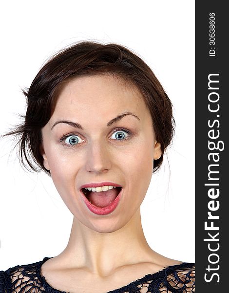 Young woman with surprised expression on white background. Young woman with surprised expression on white background