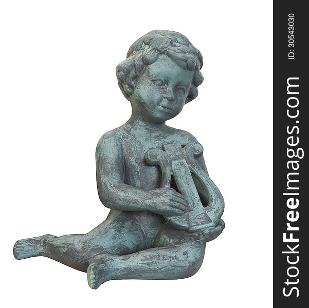 Statue Of Cherub Playing Lyre Isolated.