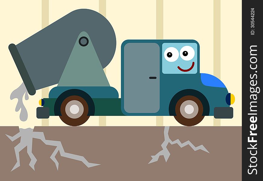 Illustration of a cement mixer truck pouring cement in cracks of a street