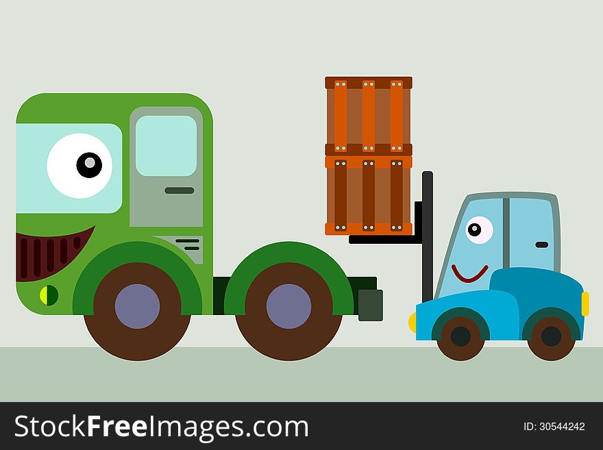 Illustration of a forklift lifting crates to put on a truck. Illustration of a forklift lifting crates to put on a truck