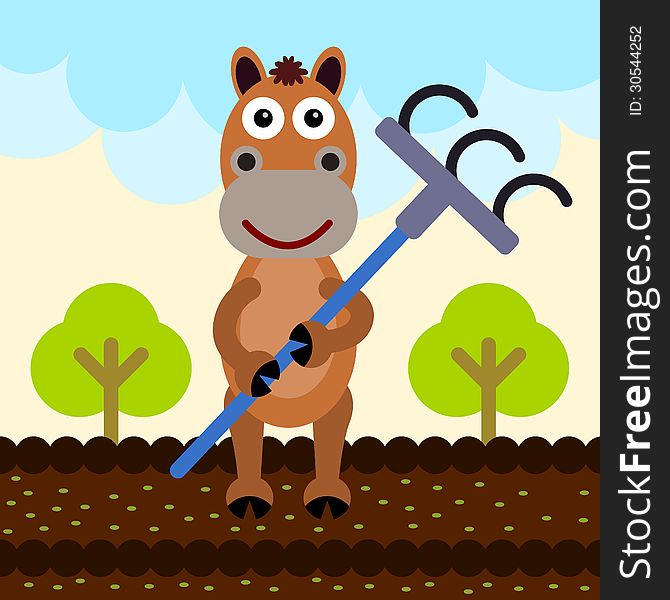 A humorous illustration of a horse holding a rake. A humorous illustration of a horse holding a rake