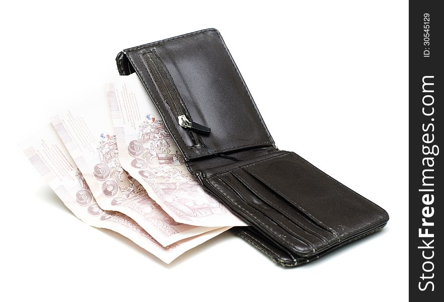 Brown wallet with Thai Paper Currency on the white background