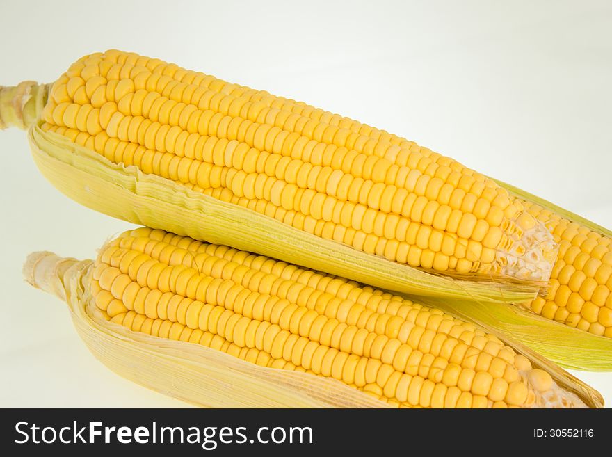 Fresh corn fruits with green leaves