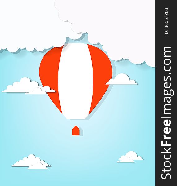 Red hot air balloon and clouds