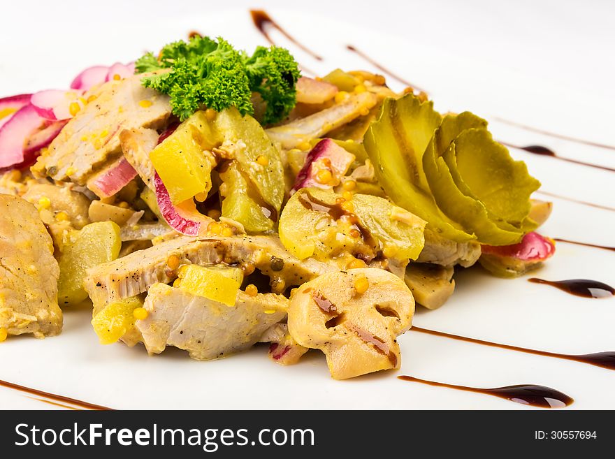 Meat Salad With Mushrooms And Pickled Cucumber