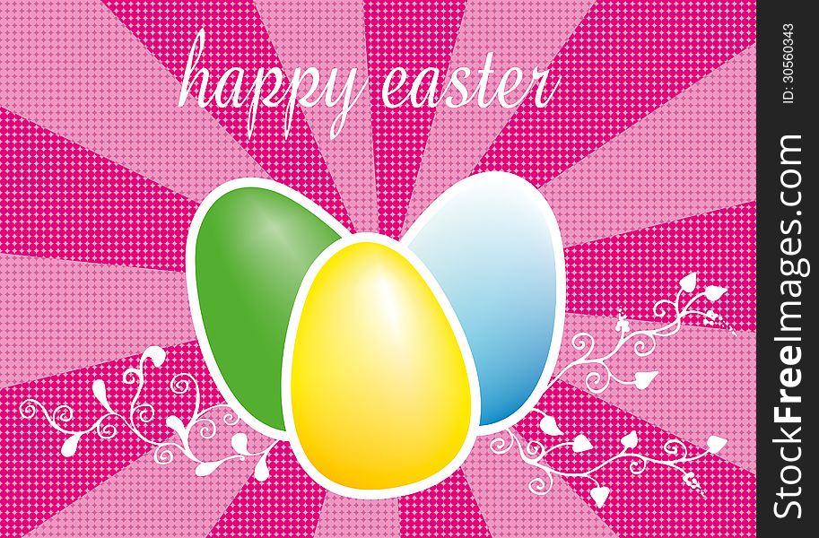 Three colored easter eggs illustration on pink rays background