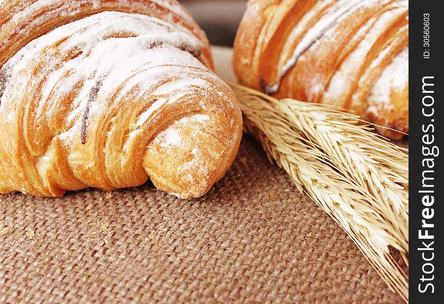 Pasty croissant on the green background