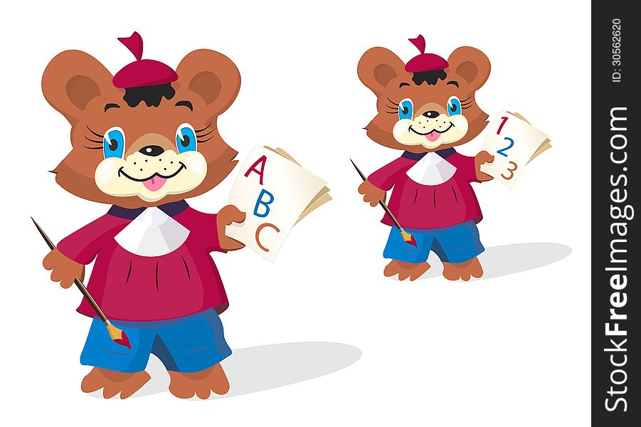 Funny bear pupil holding painting brush and sheets of paper with ABC letters (or 123 characters)