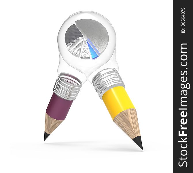 Craetive pencil lightbulb head draws a pie chart and 3d graph as concept