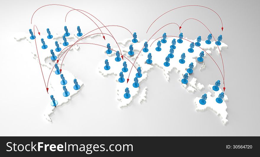 Social network human 3d on world map as concept