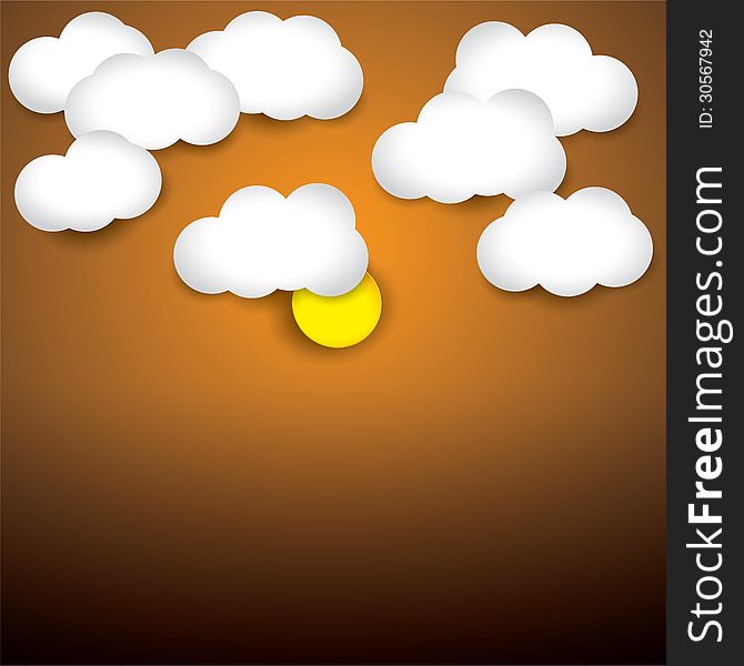 Sky background- white paper clouds & evening sky with sun. The graphic illustration consists of orange sky and white clouds representing early morning/evening