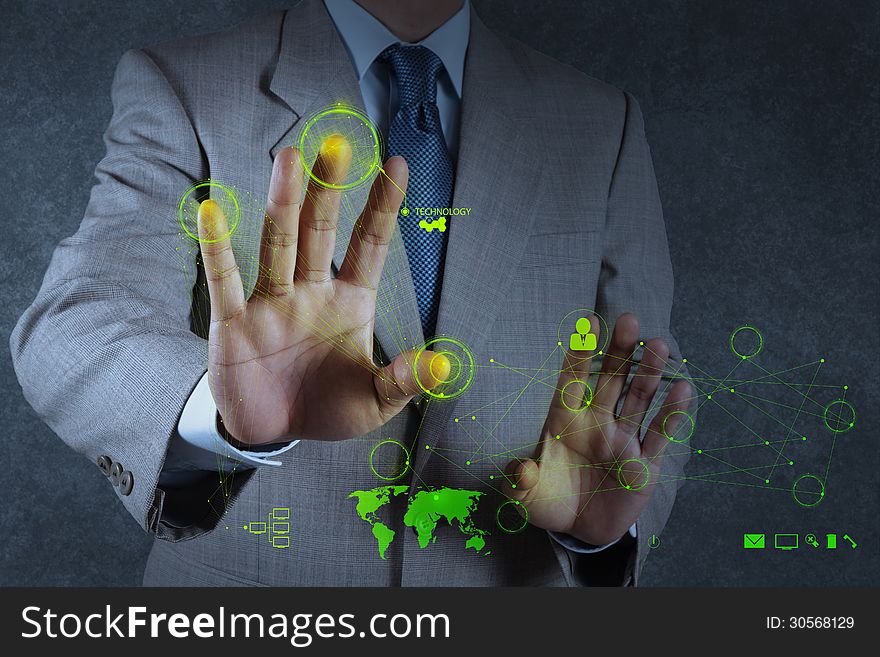 Businessman working with new modern computer show social network structure as concept