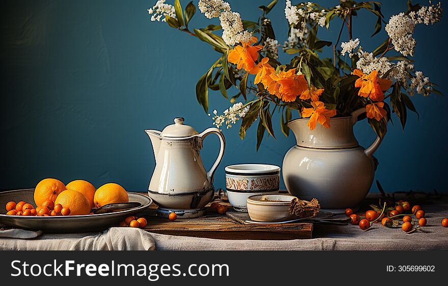 Still life with orange flowers in a simple vase against a blue wall. Tea, white flowers, oranges. Ai generated. Still life with orange flowers in a simple vase against a blue wall. Tea, white flowers, oranges. Ai generated.