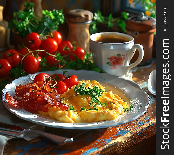 English breakfast. Scrambled eggs with bacon and tomatoes in a blue plate next to a cup of tea. Ai generated. English breakfast. Scrambled eggs with bacon and tomatoes in a blue plate next to a cup of tea. Ai generated.