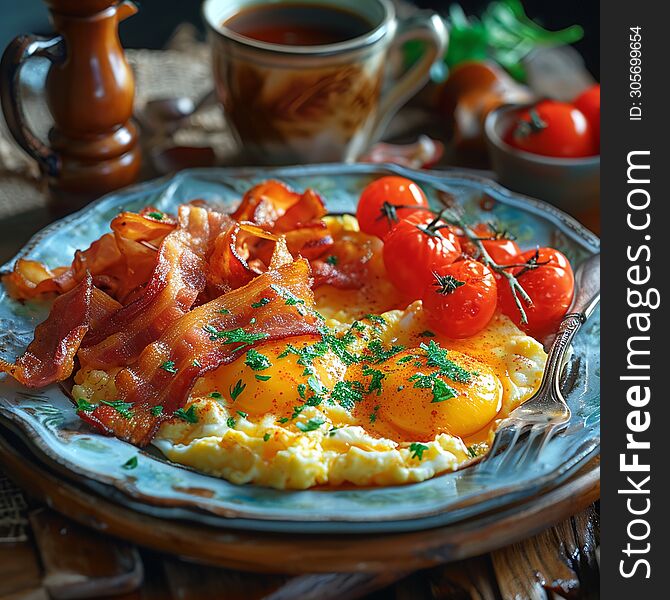English breakfast. Scrambled eggs with bacon and tomatoes. Ai generated