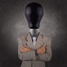 Businessman With Black Light Bulb Head Stock Photo Businessman With Black Light Bulb Head Stock Photo