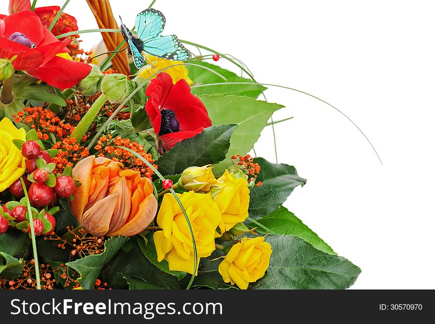 Fragment of colorful bouquet isolated on white background.