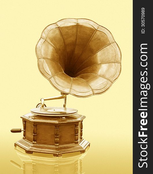 Vintage Gramophone with disc isolated on grunge background