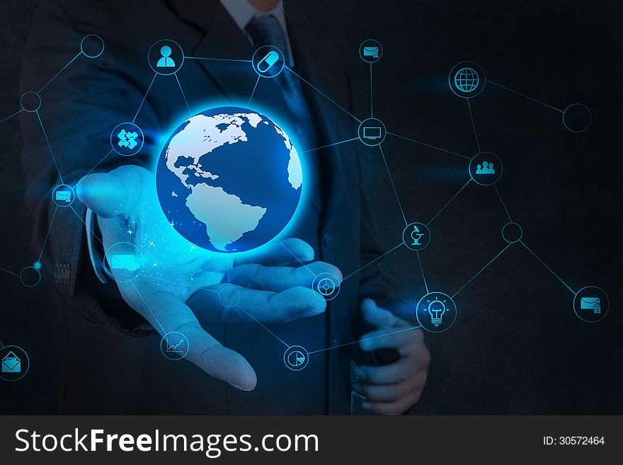 Businessman hand holding business diagram on touch screen interface