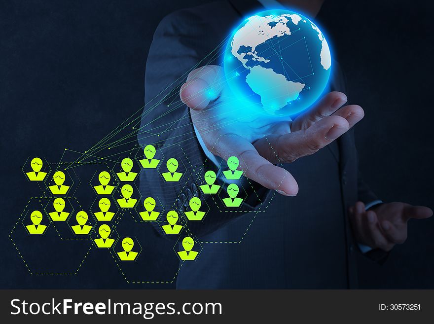 Businessman working with new modern computer show social network structure as concept