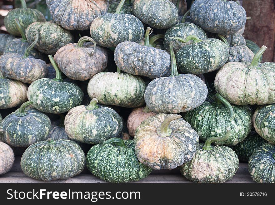 Green pumpkin fruits for sale on the road side
