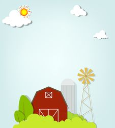 Landscape With Red Farm Windmill And Silos Royalty Free Stock Photo