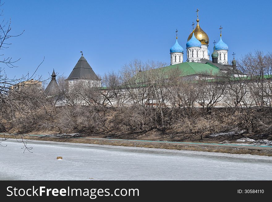 Novospassky monastery in Moscow. General view of the waterfront.