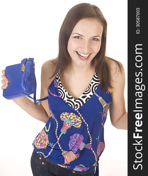 Portrait of beauty young woman with hand bag isolated