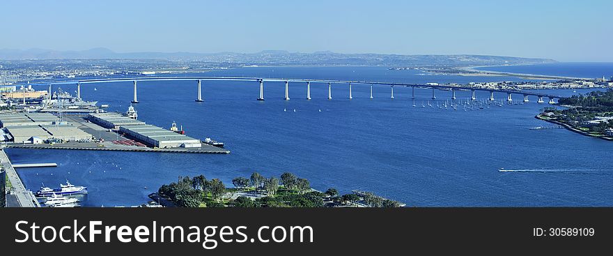 Beautiful panoramic view of San Diego Bay and Coronado Bridge on clear sunny day