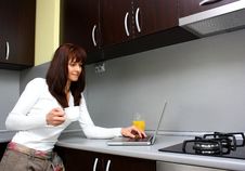 Woman With Coffee, Laptop And Juice Royalty Free Stock Image Woman With Coffee, Laptop And Juice Royalty Free Stock Image