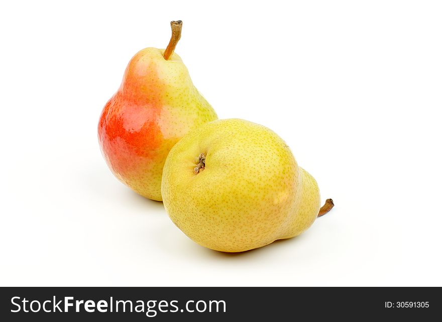 Two Perfect Ripe Red and Yellow Pears isolated on white background. Two Perfect Ripe Red and Yellow Pears isolated on white background