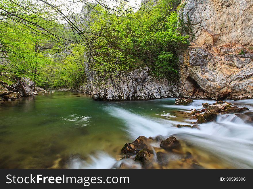 Fresh mountain stream and waterfalls in the forest in spring