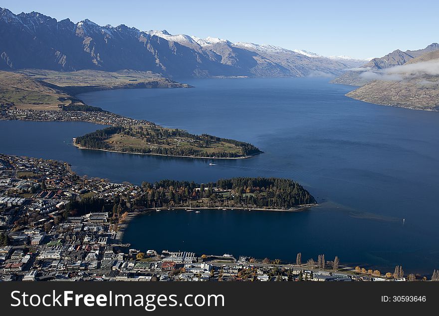 Beautiful scenery of the Queenstown bay Wakatipu lake Queenstown city New Zealand. Beautiful scenery of the Queenstown bay Wakatipu lake Queenstown city New Zealand