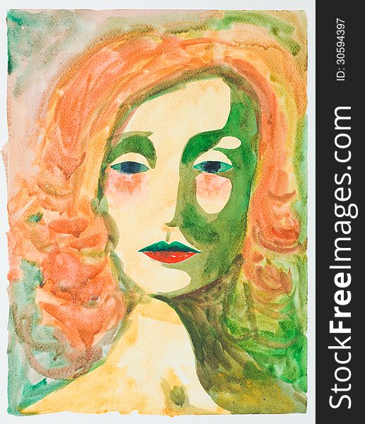 Hand drawn watercolor illustration of melancholic  woman