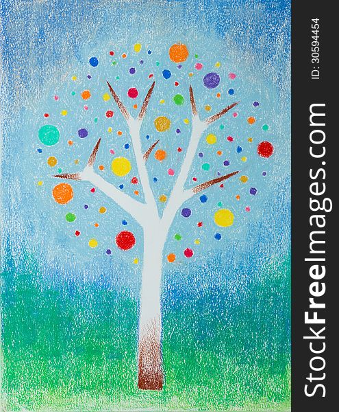 Hand drawn illustration of beautiful multicolored tree on green and blue background. Hand drawn illustration of beautiful multicolored tree on green and blue background
