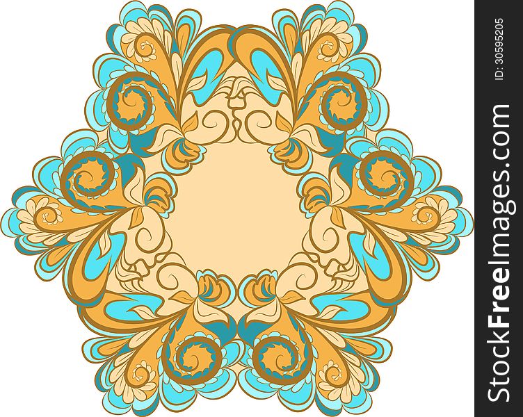 Abstract hexagonal cyan-beige frame with floral ornament. Abstract hexagonal cyan-beige frame with floral ornament