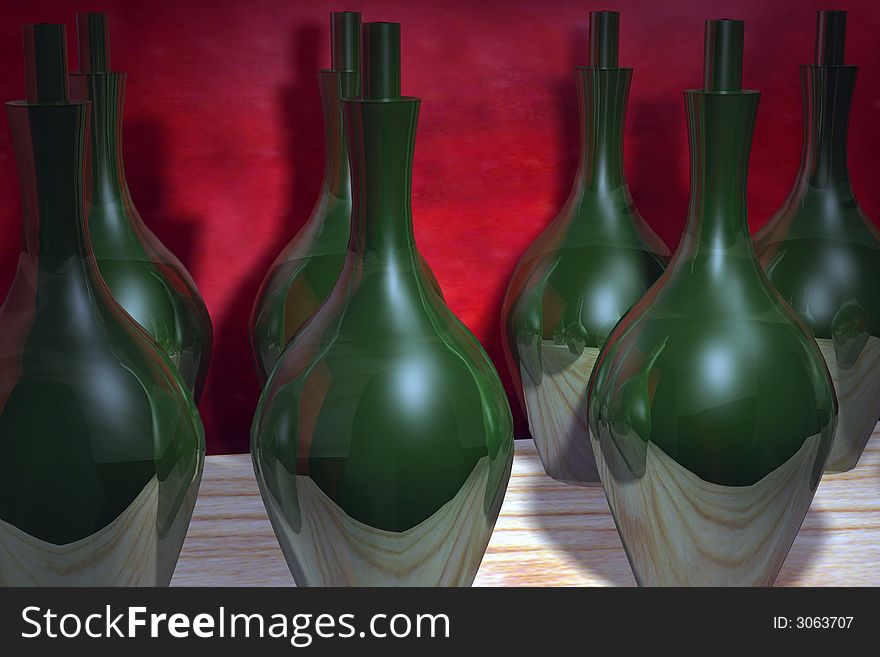 Green bottles reflections making a work of art