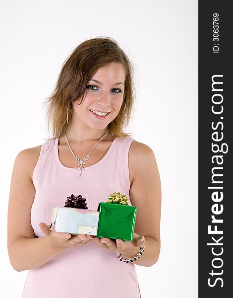 Girl with gift box, isolated