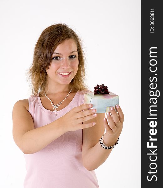 Girl with gift box, isolated