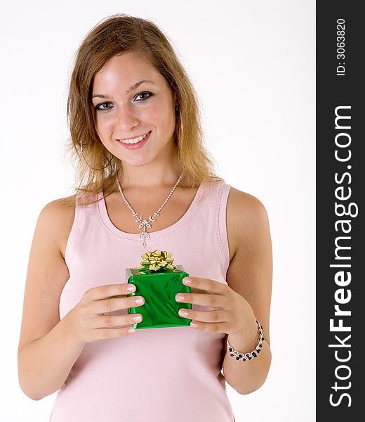 Girl with gift box, isolated