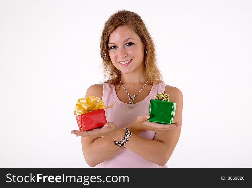 Girl with gift box, isolated