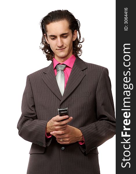 Businessman with a mobile phone in hand. on white