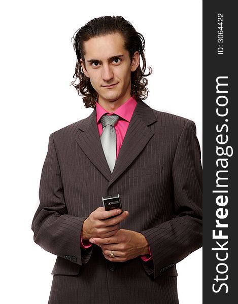 Businessman with a mobile phone in hand. on white