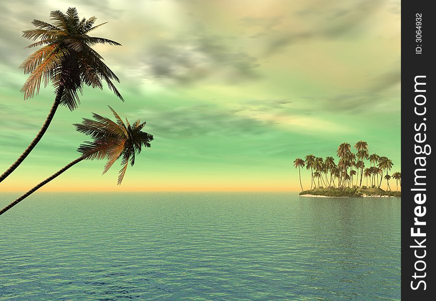 Coconut palm trees on a small island - digital artwork. Coconut palm trees on a small island - digital artwork