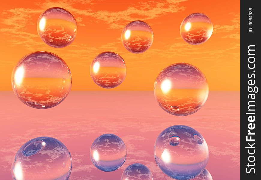 Glass  spheres reflected a smooth surface - 3d scene. Glass  spheres reflected a smooth surface - 3d scene